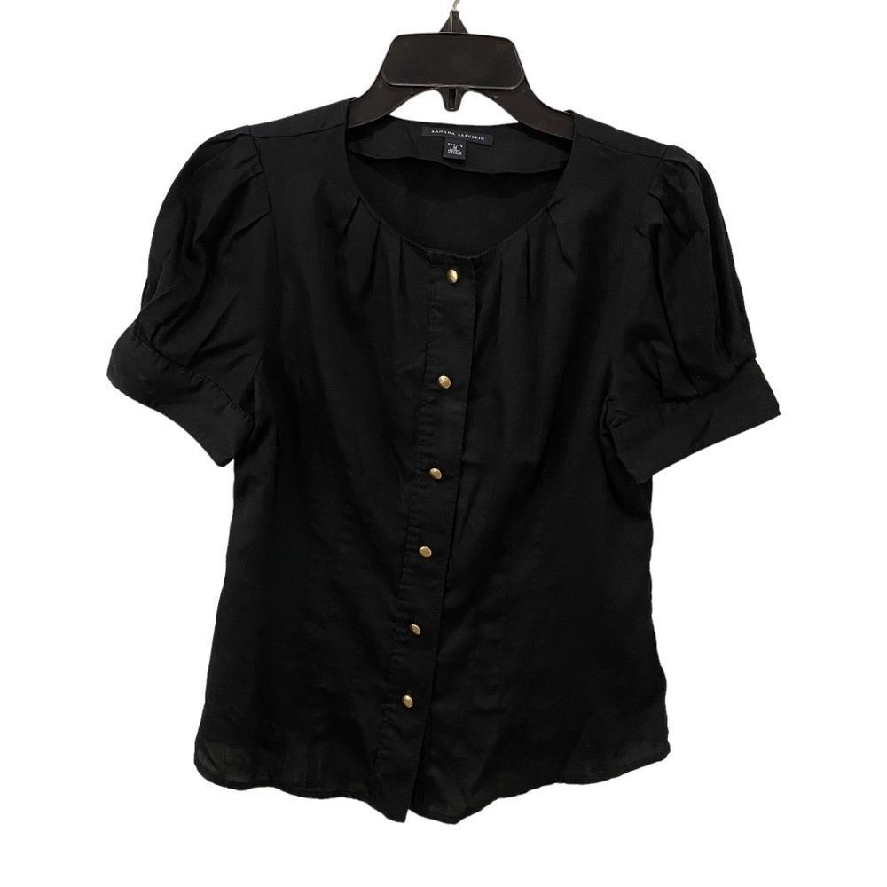 Banana Republic Puff Sleeve Blouse MP Black Gold Button Down Short Sleeve Shirt